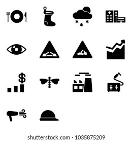 Solid vector icon set - plate spoon fork vector, christmas sock, snowfall, hospital building, eye, drawbridge road sign, car crash, growth, dollar chart, dragonfly, plant, welding, dryer