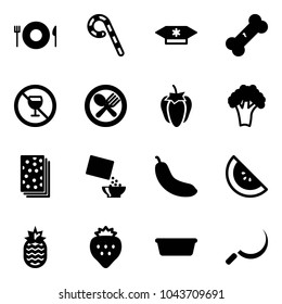 Solid vector icon set - plate spoon fork vector, lollipop, candy, broken bone, no alcohol sign, sweet pepper, broccoli, breads, cereal, banana, watermelone, pineapple, strawberry, basin, sickle