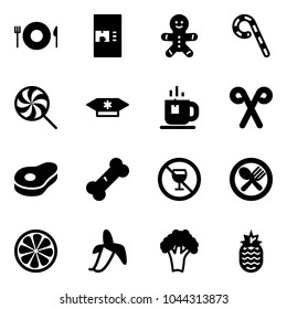 Solid vector icon set - plate spoon fork vector, coffee machine, cake man, lollipop, candy, tea, santa stick, meat, broken bone, no alcohol sign, lemon slice, banana, broccoli, pineapple