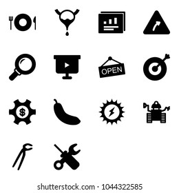 Solid vector icon set - plate spoon fork vector, bladder, statistics report, turn right road sign, magnifier, presentation board, open, target, money managemet, banana, sun power, robot, plumber