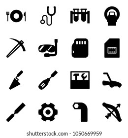 Solid vector icon set - plate spoon fork vector, stethoscope, vial, mri, job, diving, micro flash card, sim, trowel, chisel, tool box, lawn mower, rasp, gear, allen key, bow