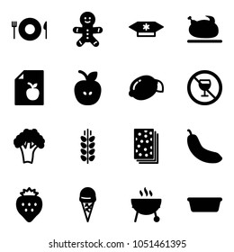 Solid vector icon set - plate spoon fork vector, cake man, candy, turkey, diet list, apple, lemon, no alcohol sign, broccoli, spica, breads, banana, strawberry, ice cream, grill, basin