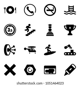 Solid vector icon set - plate spoon fork vector, phone, no smoking sign, pool, limited height road, career, chess queen, gold cup, solution, helicopter, surfing, conveyor, delete, nut, generator