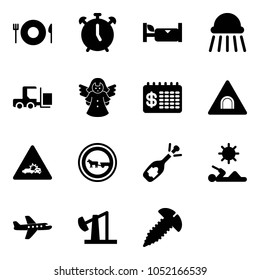 Solid vector icon set - plate spoon fork vector, alarm clock, hotel, shower, loader, angel, finance calendar, tunnel road sign, car crash, no cart horse, fizz opening, reading, plane, oil derrick