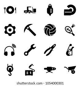 Solid vector icon set - plate spoon fork vector, loader, drop counter, mri, gear, rock axe, volleyball, badminton, wireless headphones, wrench, pliers, winch, welding, pipe, wheelbarrow