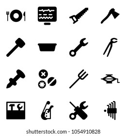 Solid vector icon set - plate spoon fork vector, diagnostic monitor, saw, axe, rubber hammer, basin, wrench, plumber, nail dowel, rivet, farm, jack, tool box, winch, screwdriver, allen key set