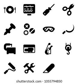 Solid vector icon set - plate spoon fork vector, diagnostic monitor, screwdriver, scissors, nail dowel, rivet, protective glasses, sickle, machine tool, generator, winch, paint roller, wrench hammer