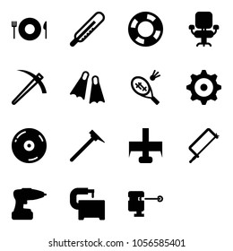 Solid vector icon set - plate spoon fork vector, thermometer, lifebuoy, office chair, job, flippers, badminton, gear, cd, mason hammer, milling cutter, metal hacksaw, drill, machine tool