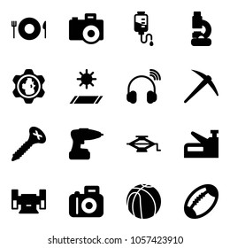 Solid vector icon set - plate spoon fork vector, camera, drop counter, lab, gear globe, mat, wireless headphones, axe, screw, drill, jack, stapler, sharpening, basketball, football