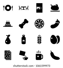 Solid vector icon set - plate spoon fork vector, cafe, coffee machine, turkey, cake, broken bone, lemon slice, eggplant, pear, milk, spica, eggs, breads, cereal, green tea, banana