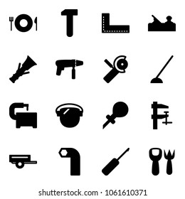 Solid vector icon set - plate spoon fork vector, work, corner ruler, jointer, dowel, drill machine, Angular grinder, hoe, tool, protect glass, oiler, clamp, trailer, allen key, awl, shovel toy