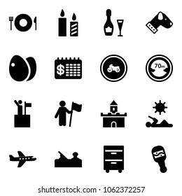 Solid vector icon set - plate spoon fork vector, candle, wine, dog, eggs, finance calendar, no moto road sign, limited distance, win, sand fort, reading, plane, jointer, tool cabinet, beanbag