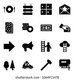 Solid vector icon set - plate spoon fork vector, sign post, baggage room, star letter, breads, coin, dollar, card pay, right arrow, megaphone, opportunity, cloud ladder, forest, car, sledgehammer