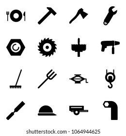 Solid vector icon set - plate spoon fork vector, hammer, axe, wrench, nut, saw disk, crown drill, machine, rake, farm, jack, winch, rasp, construction helmet, trailer, allen key