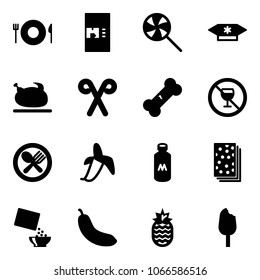 Solid vector icon set - plate spoon fork vector, coffee machine, lollipop, candy, turkey, santa stick, broken bone, no alcohol sign, banana, milk, breads, cereal, pineapple, ice cream