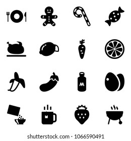 Solid vector icon set - plate spoon fork vector, cake man, lollipop, candy, turkey, lemon, carrot, slice, banana, eggplant, milk, eggs, cereal, green tea, strawberry, grill