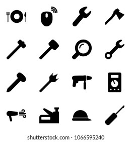 Solid vector icon set - plate spoon fork vector, mouse wireless, wrench, axe, sledgehammer, rubber hammer, magnifier, nail, wood drill, machine, multimeter, dryer, stapler, construction helmet, awl