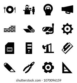 Solid vector icon set - plate spoon fork vector, passport control, mri, loudspeaker, brick wall, mat, diving, gear, sim, server, oil derrick, trowel, work knife, pliers, corner ruler