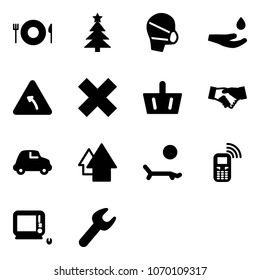 Solid vector icon set - plate spoon fork vector, christmas tree, medical mask, drop hand, turn left road sign, delete cross, basket, agreement, car, arrow up, lounger, mobile phone, monoblock pc