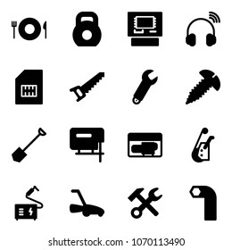 Solid vector icon set - plate spoon fork vector, weight, atm, wireless headphones, sim, saw, wrench, screw, shovel, jig, generator, winch, welding, lawn mower, hammer, allen key