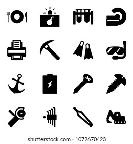 Solid vector icon set - plate spoon fork vector, terrorism, vial, mri, printer, rock axe, flippers, diving, anchor, battery, screw, Angular grinder, allen key set, forceps, excavator toy