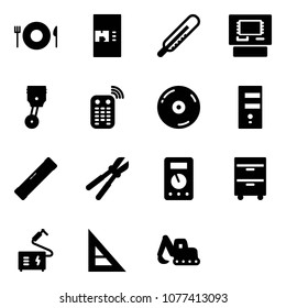 Solid vector icon set - plate spoon fork vector, coffee machine, thermometer, atm, piston, remote control, cd, server, level, bolt cutter, multimeter, tool cabinet, welding, corner ruler