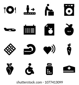 Solid vector icon set - plate spoon fork vector, travolator, baby room, small plane, schedule, diet list, apple, pills blister, mri, heart beat, carrot, disabled, bottle, doctor hat