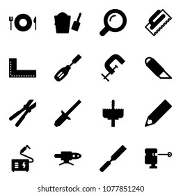 Solid Vector Icon Set - Plate Spoon Fork Vector, Bucket Scoop, Magnifier, Trowel, Corner Ruler, Chisel, Clamp, Work Knife, Bolt Cutter, Clinch, Crown Drill, Pencil, Welding, Pipe, Rasp, Laser Lever