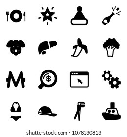 Solid vector icon set - plate spoon fork vector, christmas star, hat, champagne, dog, liver, banana, broccoli, monero, money search, cursor browser, gear, swimsuit, cap, plumber, toy boat