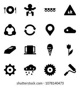 Solid vector icon set - plate spoon fork vector, baby, garland, children road sign, social, refresh, map pin, cloud, gold, doors, ice cream, tulip, gear, snow, saw disk, paint roller