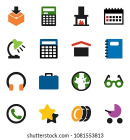 solid vector icon set - plates vector, copybook, glasses, table lamp, calculator, world, case, calendar, dry cargo, package, headphones, fireplace, phone, star, baby stroller