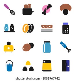 solid vector icon set - plates vector, camping cauldron, skimmer, cutting board, toaster, spices, blender, jar, cereal, mushroom, potato, pills vial, breads, broken bone, fridge