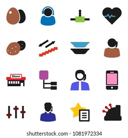 solid vector icon set - plates vector, egg, potato, heart pulse, stairways run, support, settings, mobile phone, connect, favorites, hierarchy, mall, cashbox