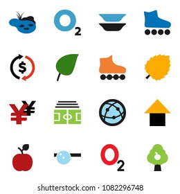 solid vector icon set - plates vector, apple fruit, leaf, exchange, arrow up, yen sign, stadium, roller Skates, oxygen, internet, eye doctor hat, pond, tree