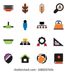 solid vector icon set - plates vector, kettle, colander, corner ruler, medal, man, hierarchy, cereals, connect, connection, shield, house, client search, catalog
