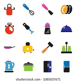 solid vector icon set - plates vector, pan, kettle, apron, cook timer, whisk, spatula, meat hammer, hand mill, toaster, spices, blender, dish, fridge