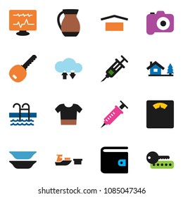 solid vector icon set - plates vector, jug, wallet, scales, pool, port, dry cargo, camera, syringe, diagnostic monitor, cloud exchange, chalet, key, clothes, password