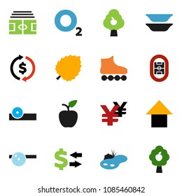 solid vector icon set - plates vector, apple fruit, leaf, exchange, arrow up, yen sign, stadium, roller Skates, oxygen, eye doctor hat, pond, tree