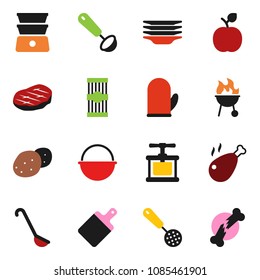 solid vector icon set - plates vector, camping cauldron, cook glove, press, skimmer, ladle, cutting board, double boiler, bbq, pasta, potato, steak, chicken leg, apple fruit, broken bone