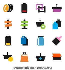 solid vector icon set - plates vector, cutting board, jar, signpost, film frame, battery, shopping bag, basket