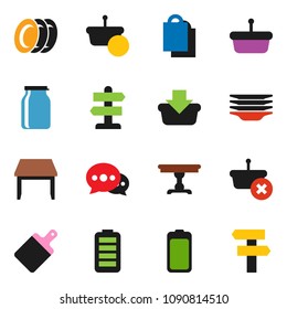 solid vector icon set - plates vector, cutting board, jar, signpost, battery, message, table, shopping bag, basket