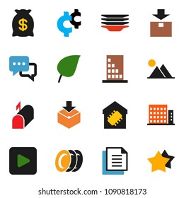 solid vector icon set  - plates vector, leaf, cent sign, document, package, dialog, play button, mountain, apartments, smart home, building, mailbox, money bag, star