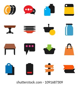 solid vector icon set - plates vector, cutting board, jar, signpost, battery, message, table, shopping bag, basket