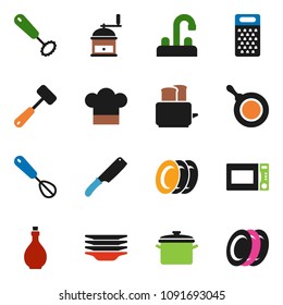 solid vector icon set - plates vector, water tap, pan, oil, cook hat, whisk, knife, meat hammer, hand mill, grater, toaster, microwave oven