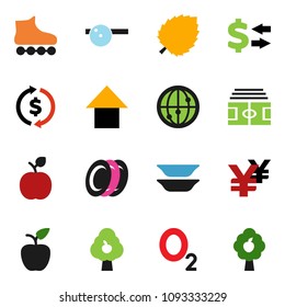solid vector icon set - plates vector, apple fruit, leaf, exchange, arrow up, yen sign, stadium, roller Skates, oxygen, internet, eye doctor hat, tree