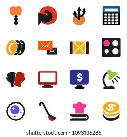 solid vector icon set - plates vector, ladle, oven, cookbook, table lamp, calculator, monitor dollar, muscule hand, boxing glove, wood box, ovule, tooth implant, mail, route arrow, coin