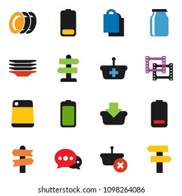 solid vector icon set - plates vector, cutting board, jar, signpost, film frame, battery, message, shopping bag, basket
