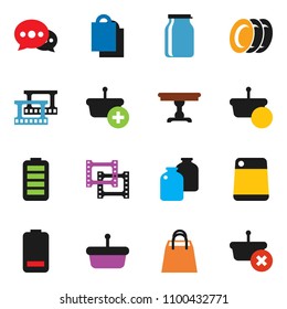 solid vector icon set - plates vector, cutting board, jar, film frame, battery, message, table, shopping bag, basket