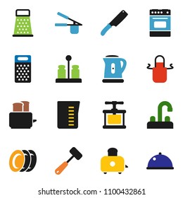 solid vector icon set - plates vector, water tap, kettle, measuring cup, apron, cook press, knife, meat hammer, grater, toaster, oven, spices, dish