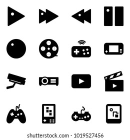 Solid vector icon set - play vector, fast forward, backward, pause, record, film coil, joystick wireless, game console, surveillance camera, projector, playback, movie flap, gamepad